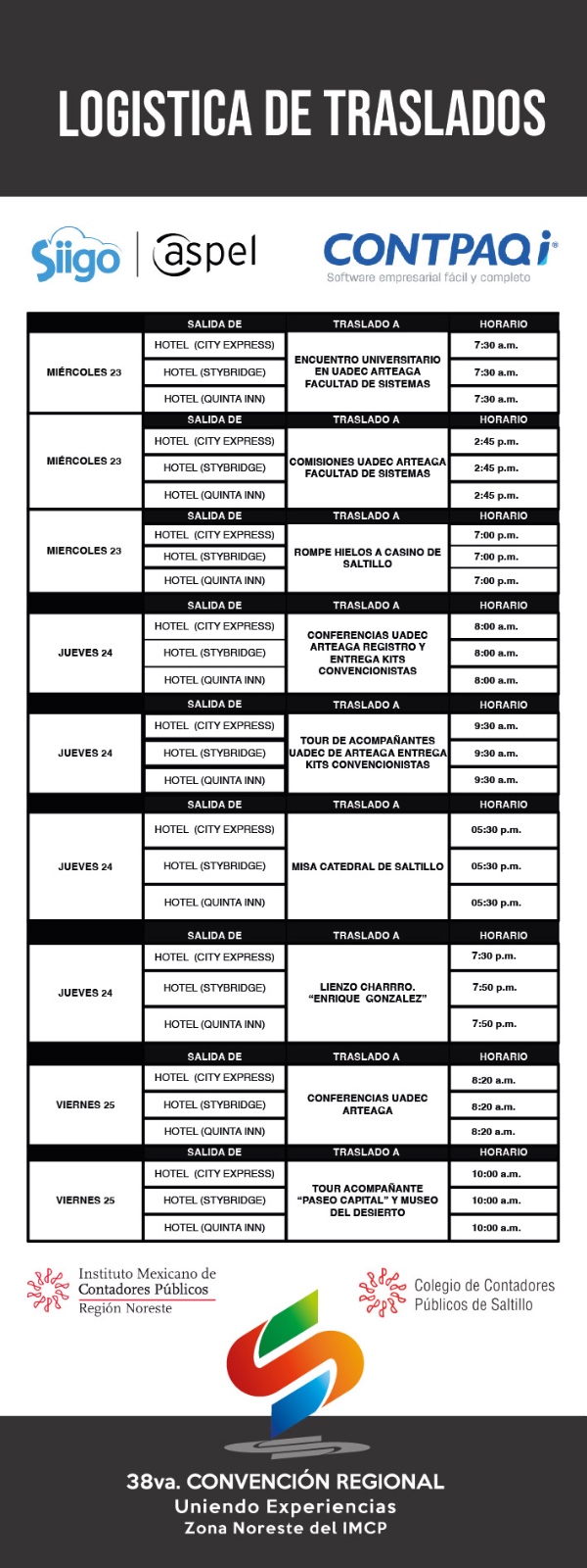  38ª Convención Regional de la Zona Noreste del IMCP, Bitácora de Traslados y Horarios